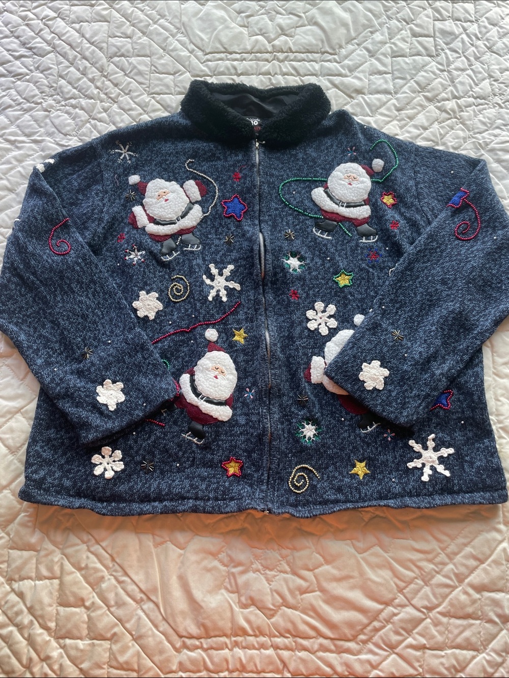 Designers Originals Navy Holiday Santa Embroidered Knit Jacket